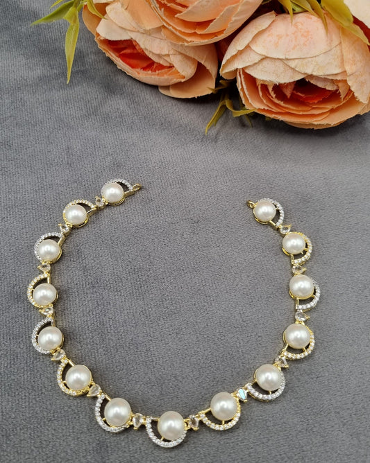 Pearl & American Diamond Crescent Necklace Set with Matching Drop Earrings