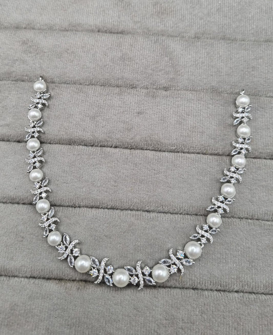 Elegant Botanical Pearl & American Diamond Choker Set