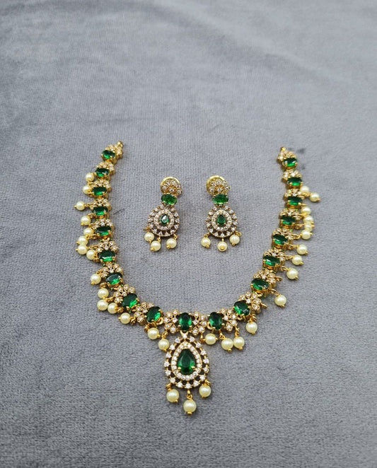 Royal Emerald Gold-Plated AD Necklace Set