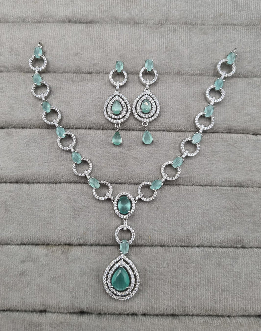 American Diamond Halo Drop Necklace and Earrings Set