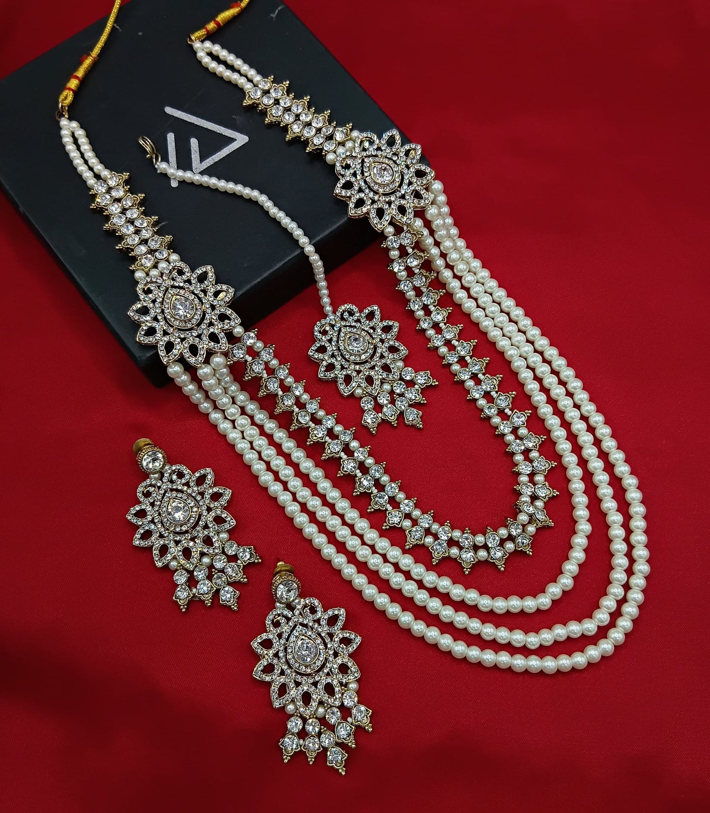 Grand Floral Pearl & White Stone Long Necklace Set