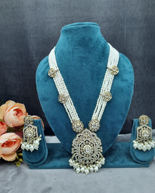 INTRICATE LAYERED PEARL & STONE PENDANT HAAR NECKLACE SET WITH EARRINGS