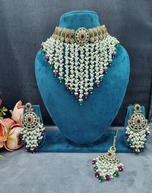 Elegant Pearl Jhallar Choker Necklace Set with Earrings & Maangtikka