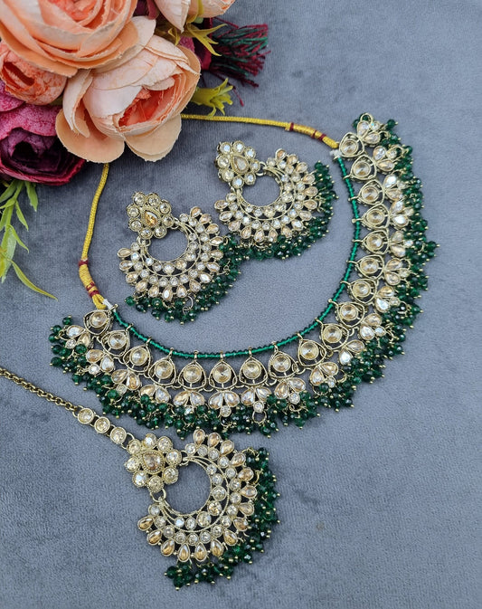 Antique Gold Finish Crystal Necklace Set with Earrings & Maang Tikka