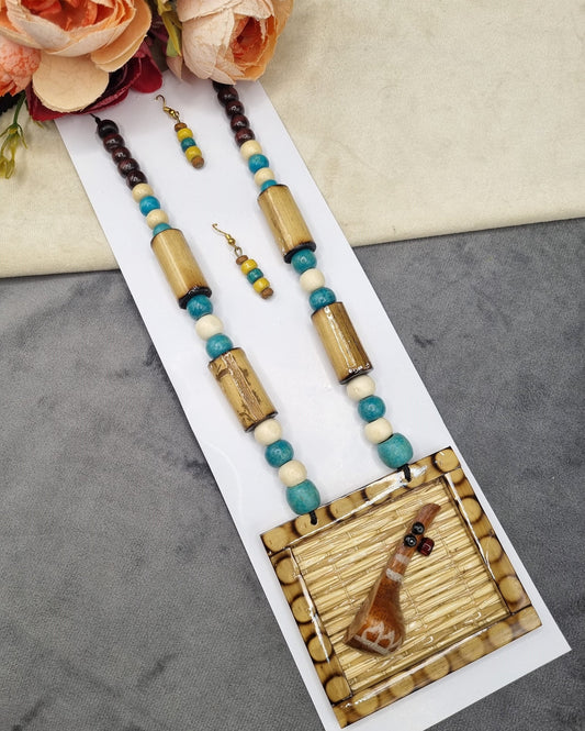 Handcrafted Wooden & Bamboo Ektara Pendant Necklace Set with Earrings