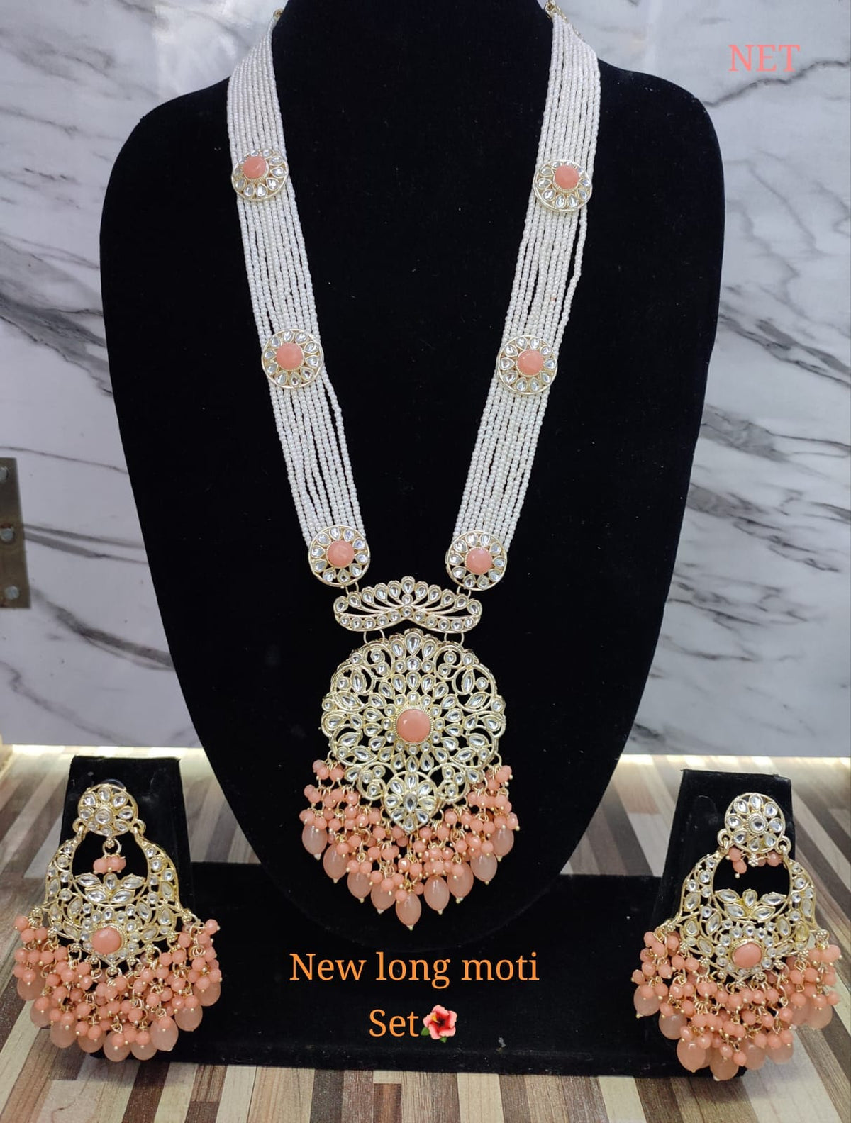 Peach Long Moti Necklace Set