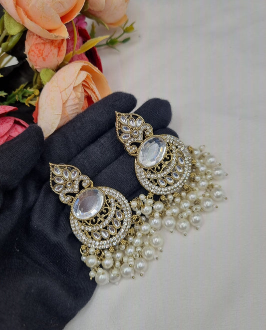 ANTIQUE GOLD CRESCENT STATEMENT CHANDBALI EARRINGS WITH PEARL & CRYSTAL BEADS