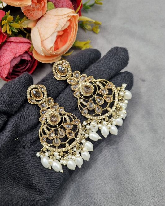 Intricate Chandbali Statement Earrings with Pearl Cluster Drops