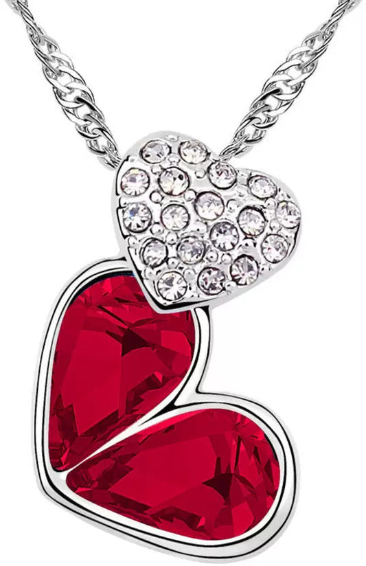 Sparkling Crystal Double Heart Pendant Silver Tone Necklace with Clear Pavé Accents