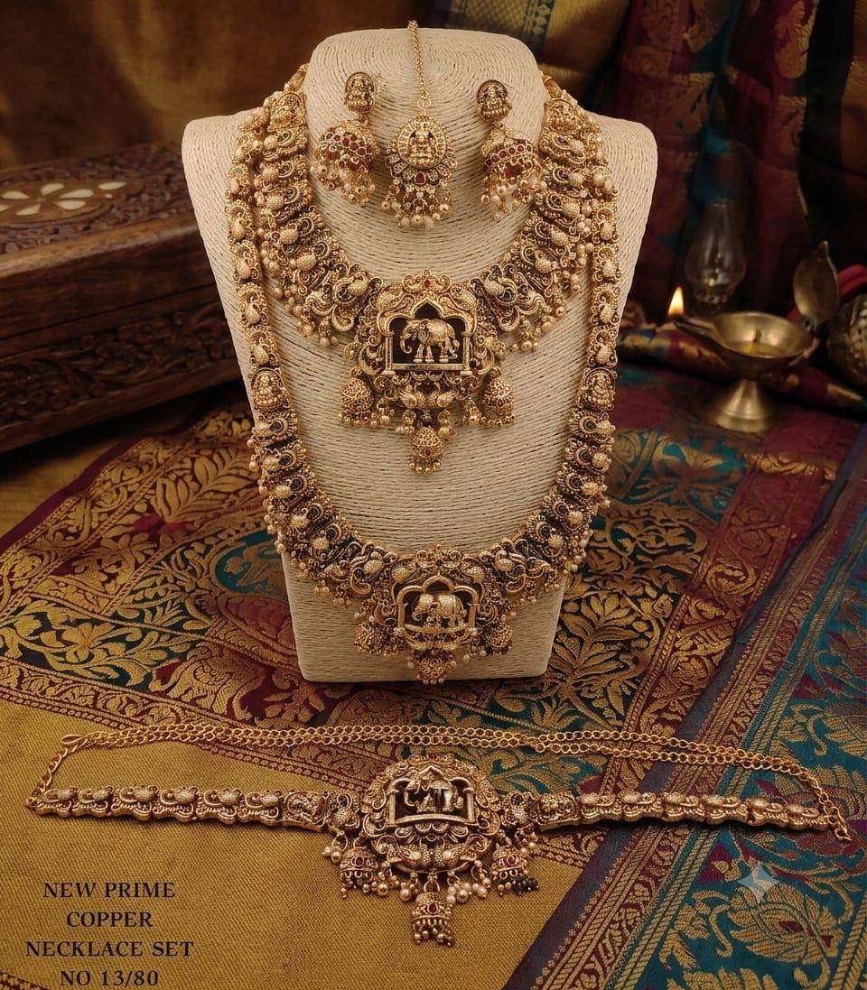 Grand Antique Copper Elephant Temple Bridal Jewelry Set (Necklaces, Earrings, Maang Tikka & Vaddanam/Kamardhani)