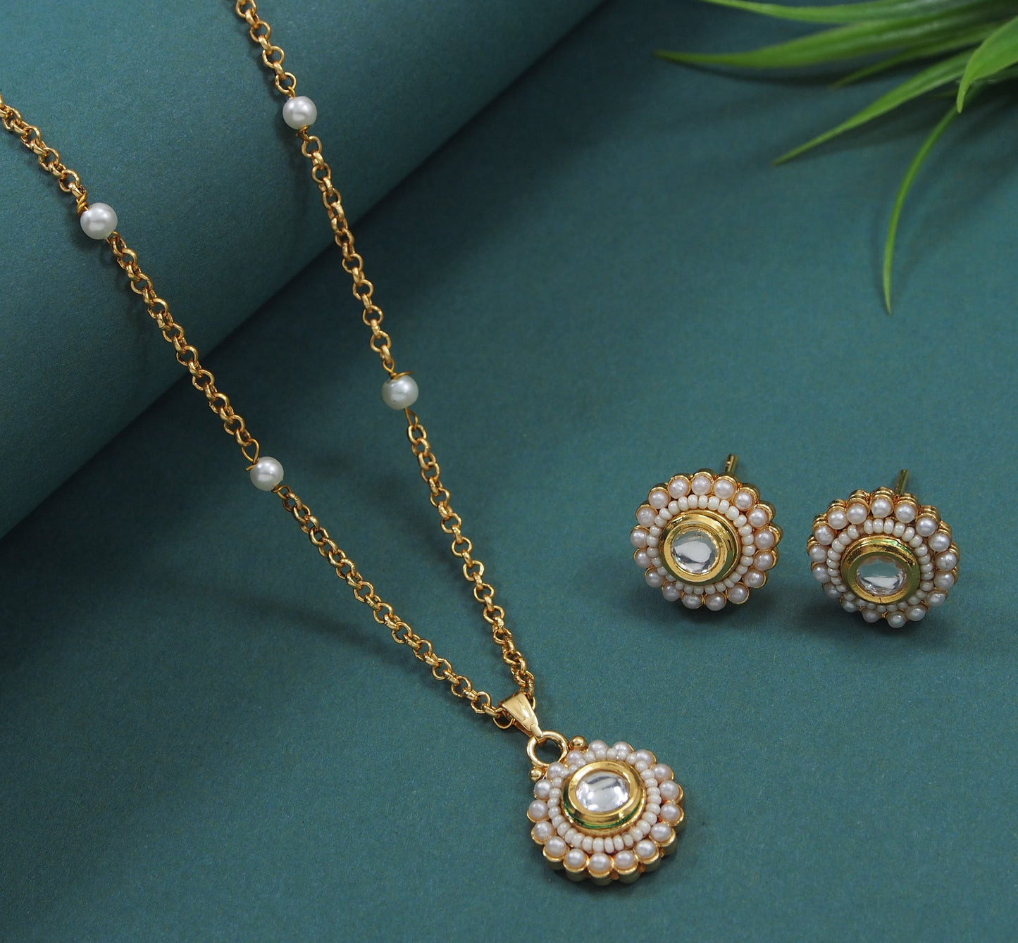 Elegant Kundan & Seed Pearl Pendant Set - Gold Plated Chain Necklace with Matching Stud Earrings