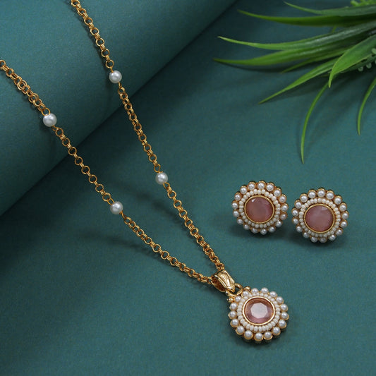 Elegant Kundan & Seed Pearl Pendant Set - Gold Plated Chain Necklace with Matching Stud Earrings