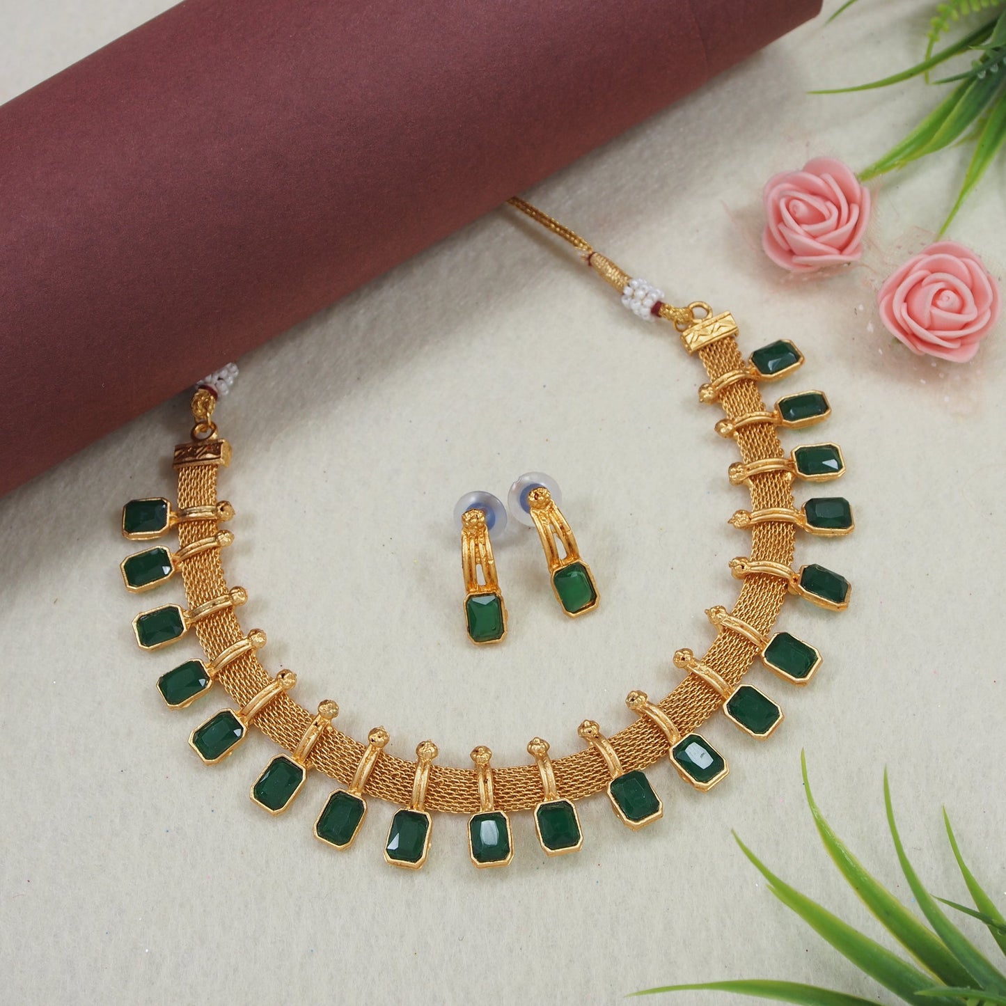 Gold Mesh Work Temple Necklace with Ruby Accents