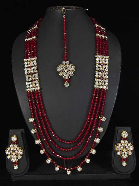 Maroon Crystal Bead Long Necklace Multi-Strand Set