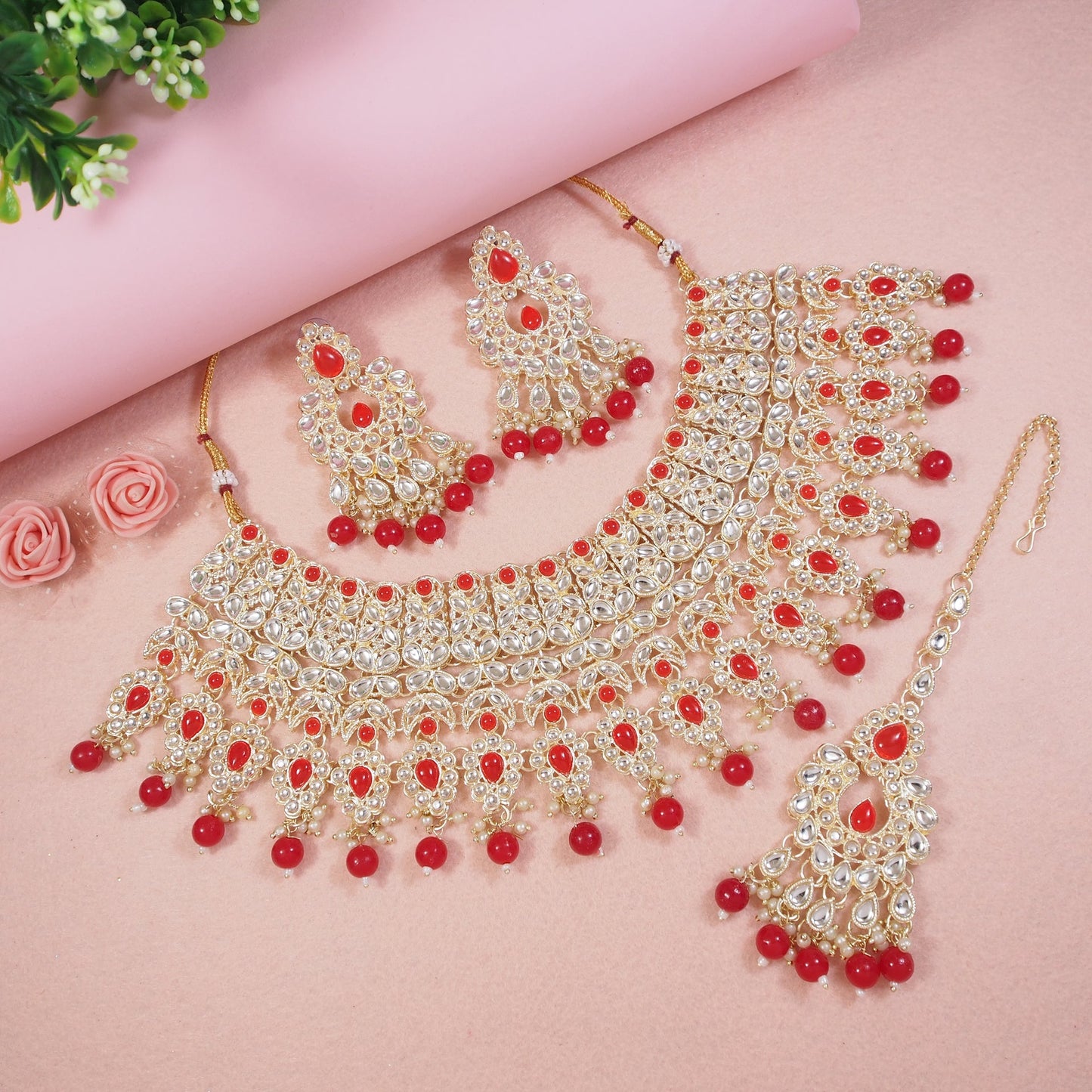 Pastel Pink Bridal Choker Set with Maang Tikka