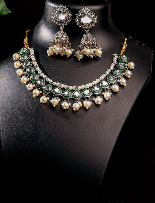 Antique Gold Meenakari Pearl Choker Set
