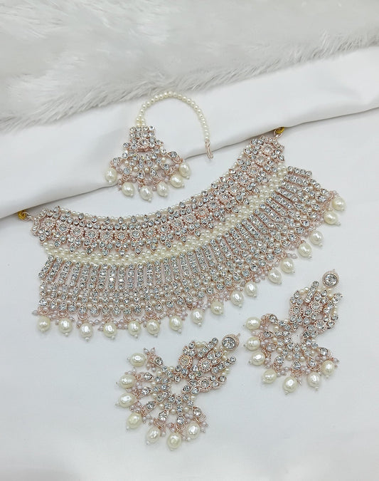 Purple Multi-Layered Pearl Choker Set with Maang Tikka