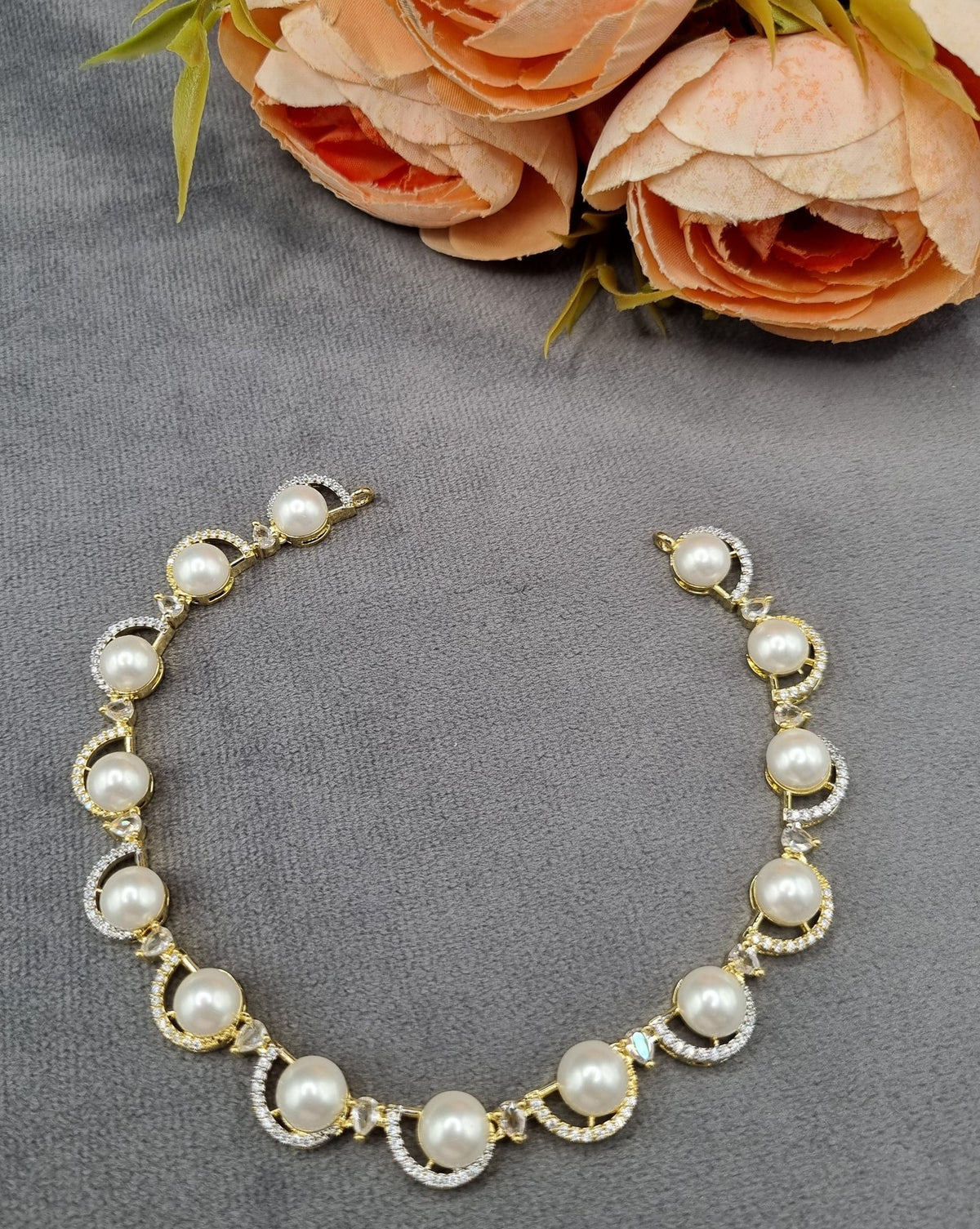 Pearl & American Diamond Crescent Necklace Set with Matching Drop Earrings