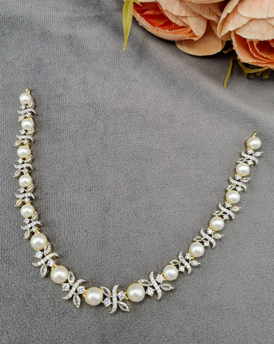 Graduated Pearl & Foliage American Diamond Necklace Set with Drop Earrings