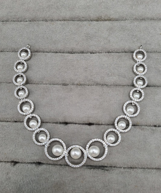 Graduated Pearl Halo Circle American Diamond Necklace Set with Drop Earrings
