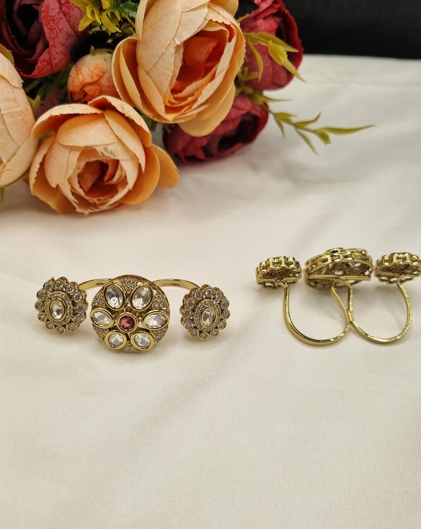 Floral Three-Finger Kundan Ring
