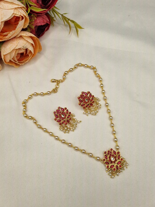 FLORAL STONE PENDANT & PEARL CHAIN JEWELRY SET  DESCRIPTION