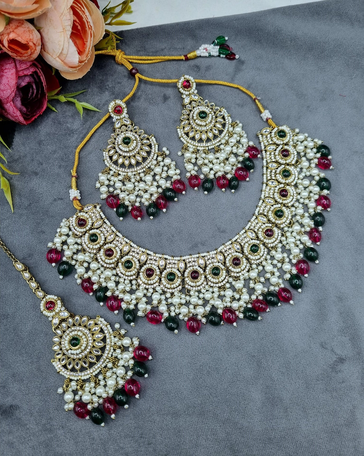 Ornate Choker Necklace, Earrings & Maangtikka Set