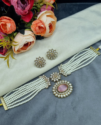 Traditional Multi-Layer Pearl Choker Set with Floral Studs
