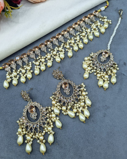Crystal Choker Necklace Set with Chandbali Earrings & Maang Tikka