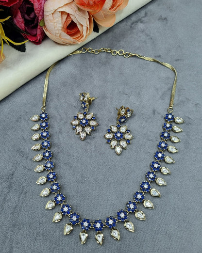 Floral American Diamond Necklace & Drop Earrings Set