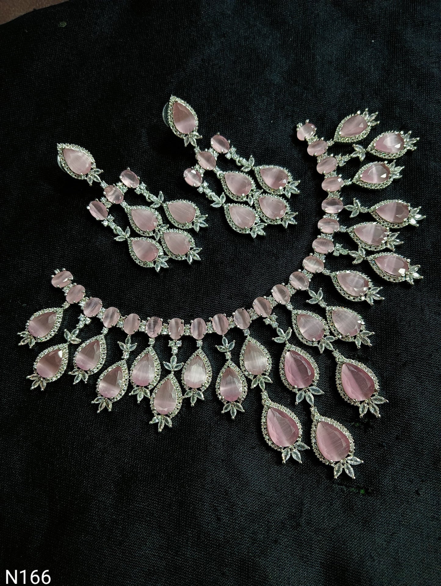 Ruby Pink & American Diamond Cascading Necklace Set