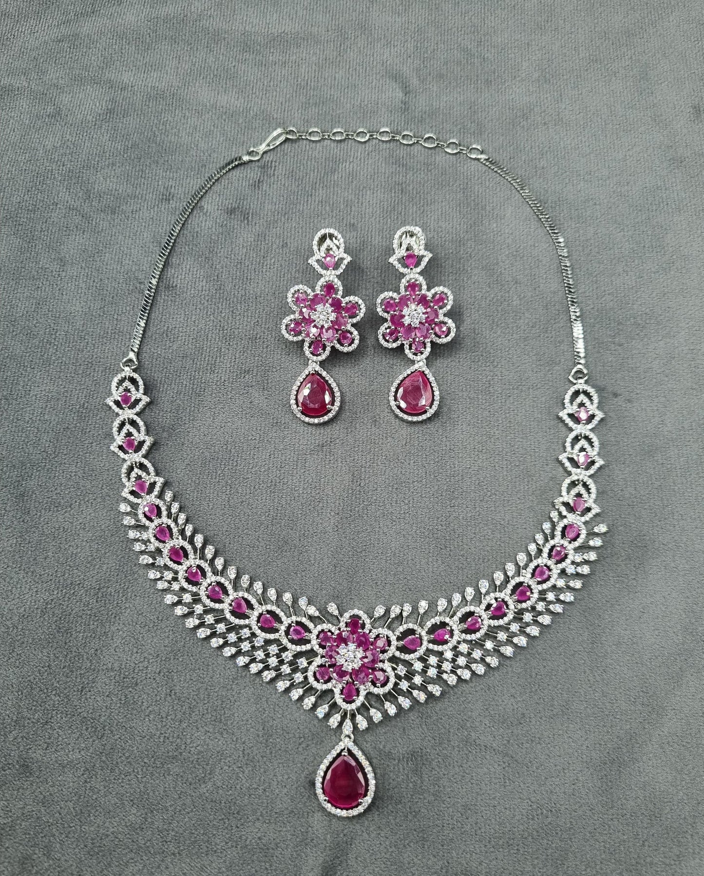 Floral Rani Pink Teardrop AD Necklace Set