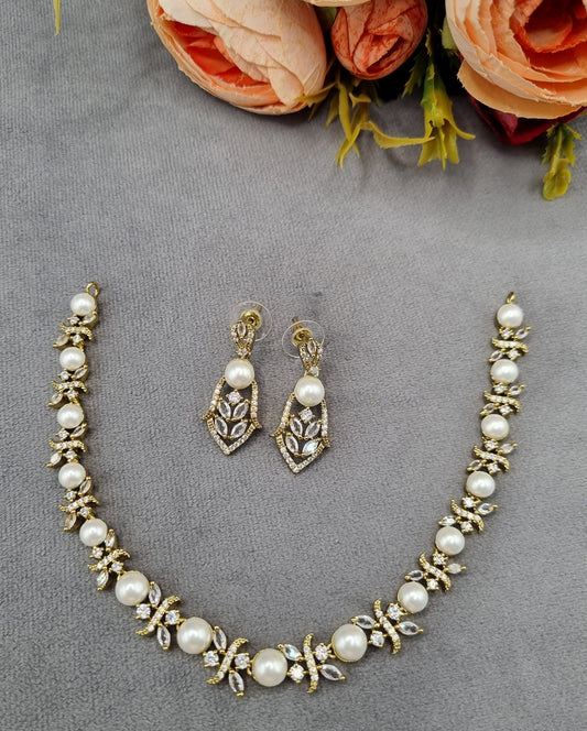 Floral Pearl Choker Necklace and Earrings Set American Diamond