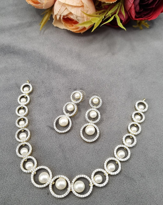 Geometric Halo Pearl & American Diamond Necklace Set with Drop Earrings