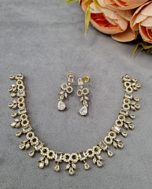 Geometric Baguette & American Diamond Choker Necklace Set with Drop Earrings