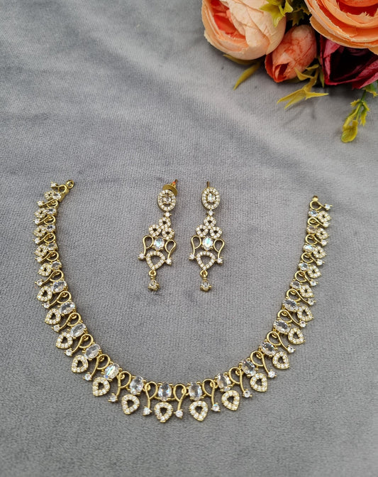 Filigree Paisley American Diamond Necklace Set with Chandelier Earrings