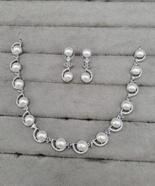Scalloped Pavé CZ Pearl Choker Set with Matching Drops