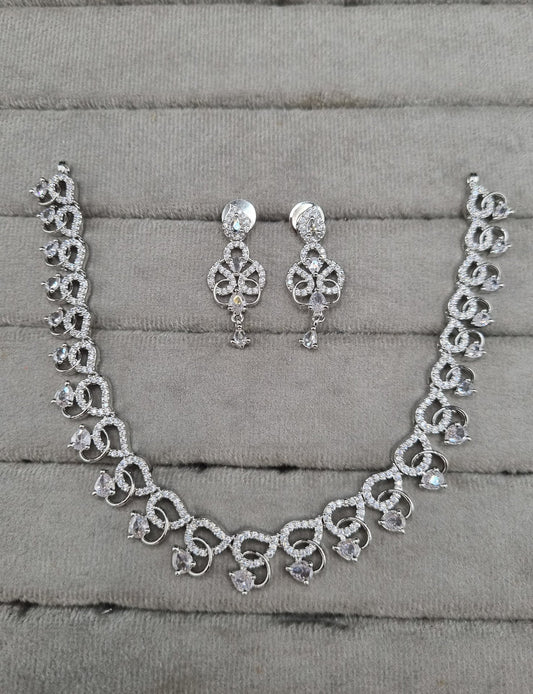 Scroll Wave American Diamond Necklace Set with Teardrop Earrings
