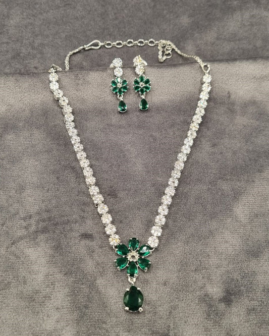 Floral American Diamond Tennis Necklace Set with Drop Earrings