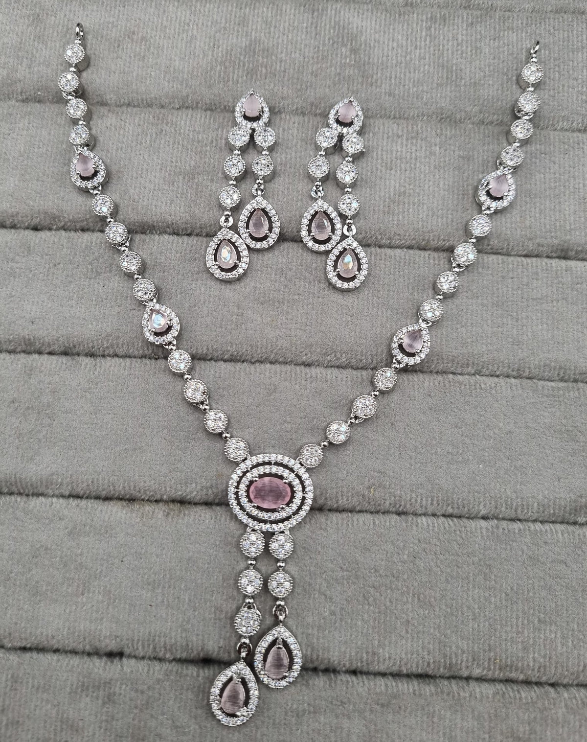 Rhodium Plated American Diamond Drop Necklace Set