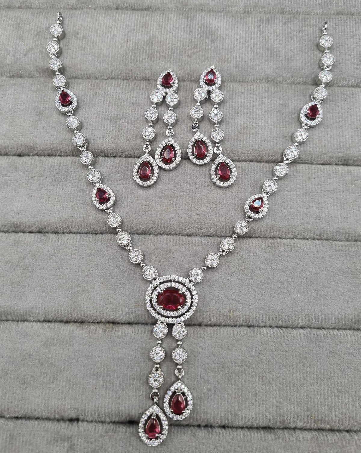 Rhodium Plated American Diamond Drop Necklace Set