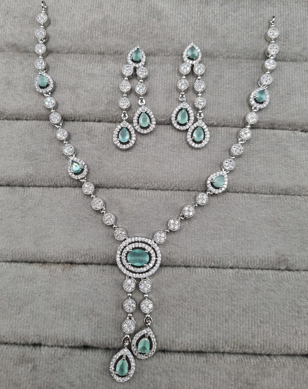 Rhodium Plated American Diamond Drop Necklace Set