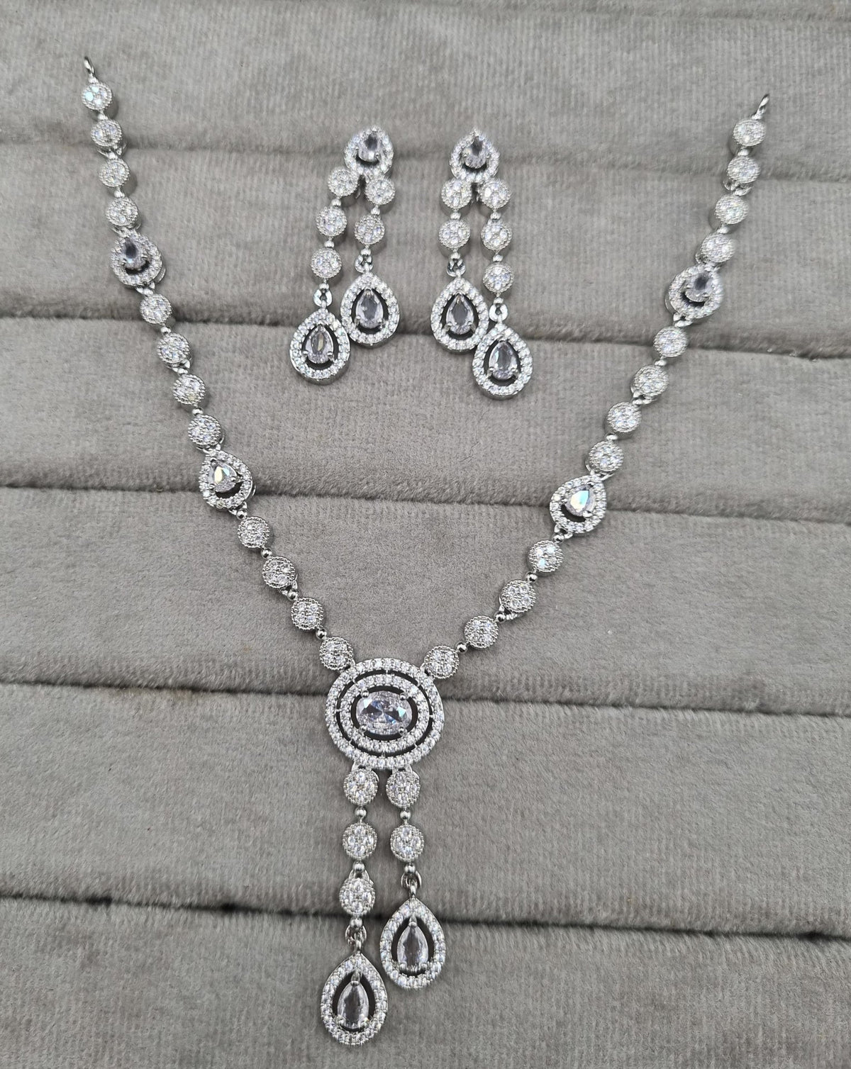 Rhodium Plated American Diamond Drop Necklace Set