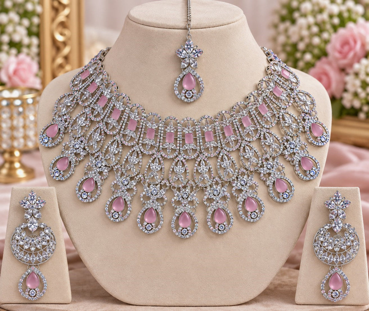 American Diamond Bridal Choker Necklace Set with Earrings & Maang Tikka