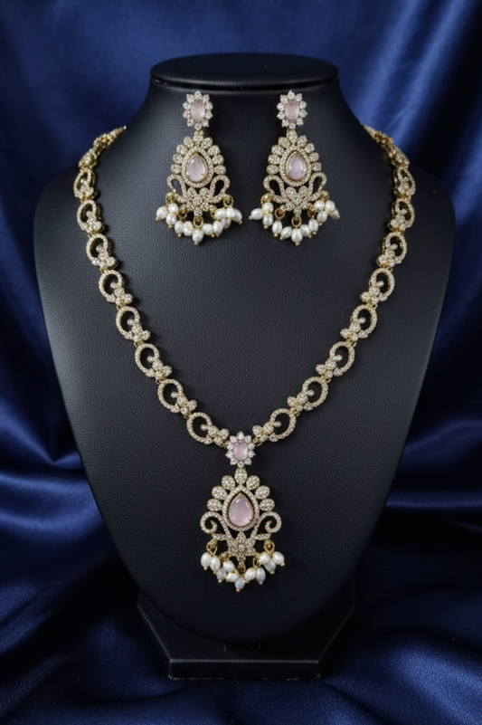 AD Diamond Jewellery set Pearl Droplets Necklace & Earrrings For Woman