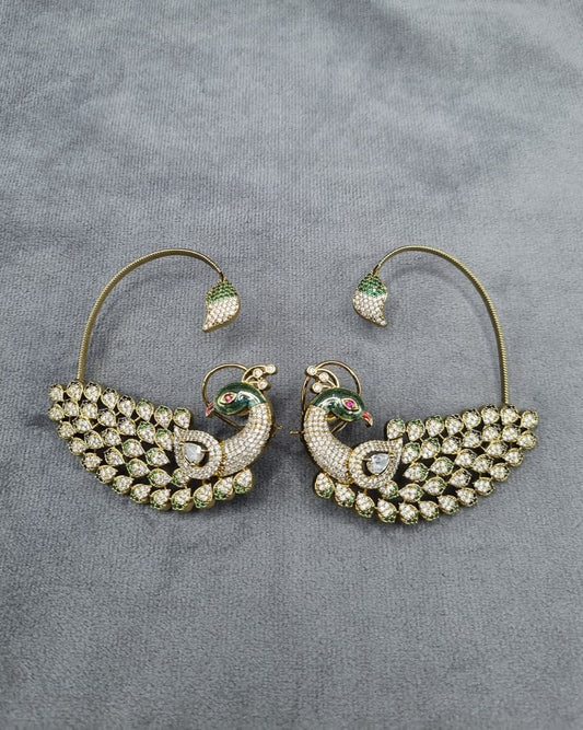 Ornate Peacock Ear Cuffs with Crystal Plumage