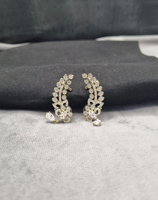 Leaf Ear Climber Earrings Gold Tone Feather Crawler Studs