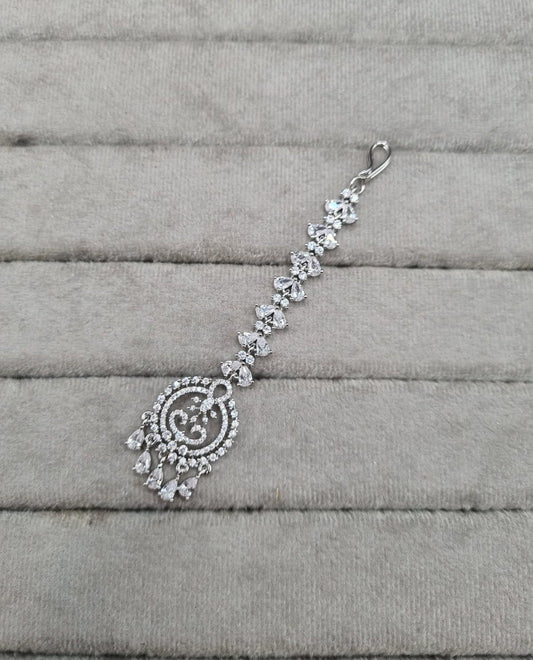 Elegant Silver-Plated AD Maang Tikka