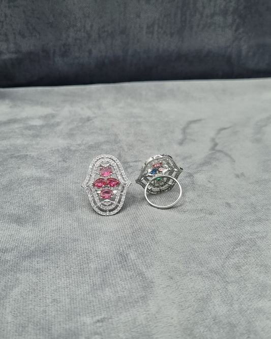 Oval Statement Ring Vibrant Multi Stone American Diamond Ring for Wedding