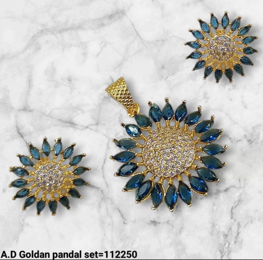 AD Gold Plated Floral Pendant Set & Matching Earrings For Woman